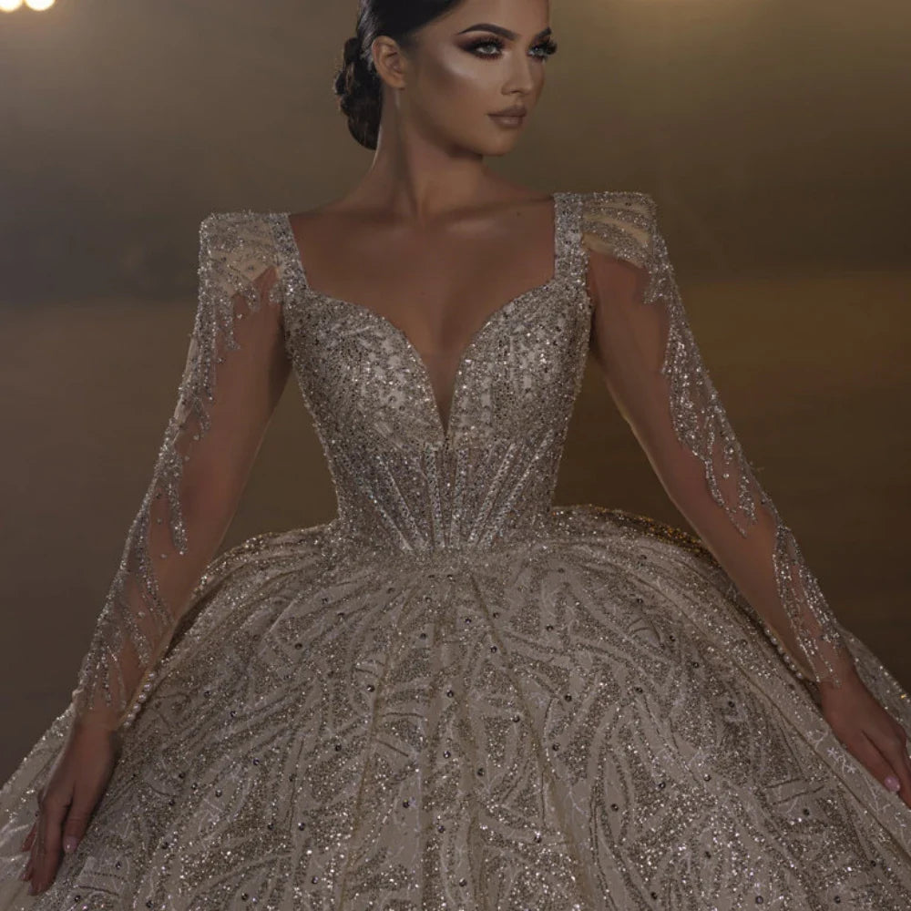 Luxury Organza Beaded Wedding Ball Gown Dress Long Sleeve