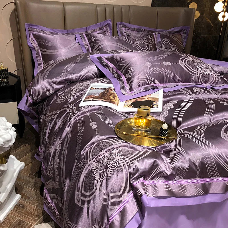 Soft Satin Jacquard Cotton Bedding Set, Luxury Duvet Cover, Blue, Gold, Gray, Queen, King Bed Sheet, Pillowcases, Home Textiles