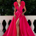 Customized Elegant 3D Flowers A-Line V-Neck Cap Sleeve Satin Evening Dresses Sweep Train Sleeveless