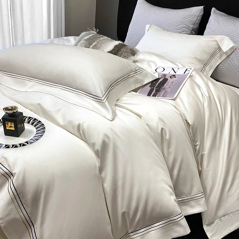 Luxury Three-line Embroidery Solid Color 1000TC Egyptian Cotton Bedding Set Duvet Cover Bed Sheet/Fitted Sheet Pillowcases 4Pcs