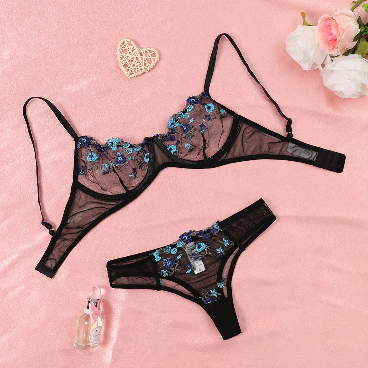 Beautiful Women Sexy 2 Piece Floral Embroidery Underwear Sets