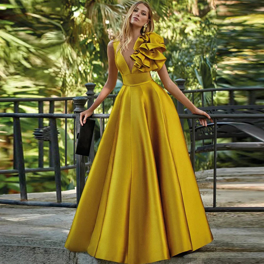 Wedding Guest Dress Formal Golden Satin Ruched Ruffles Gown A-line V-neck Special Occasion Dresses