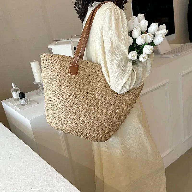 Women’s Straw Woven Shoulder Bag – Large Capacity Summer Beach Tote