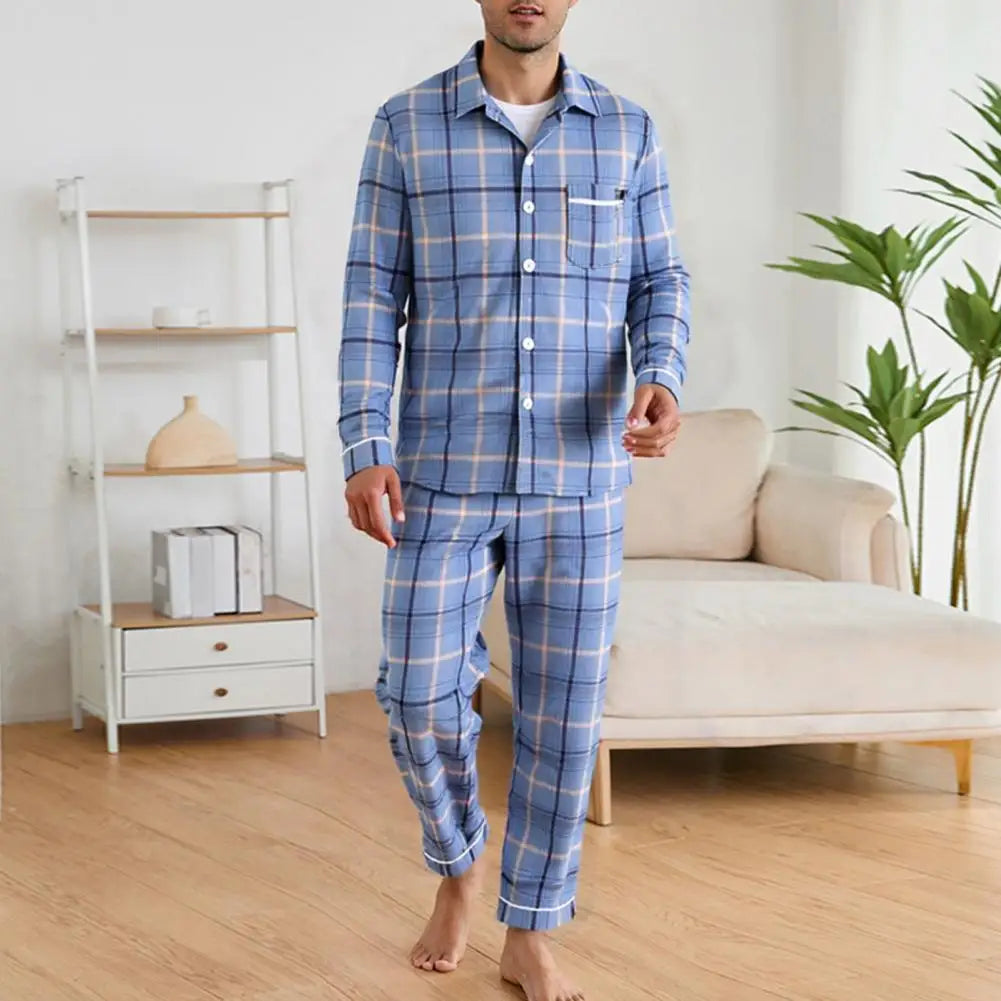 2Pcs Men Pajamas Set Lapel Long Sleeve Single Breasted Tops Elastic Waist Long Pants Comfortable Sleep Set Plaid Print Sleepwear