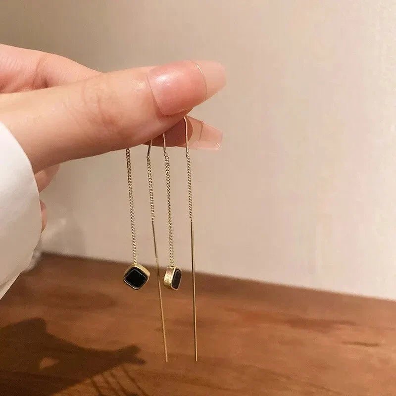 Geometric Square Tassel Drop Earrings – Gold Korean Fashion Jewelry