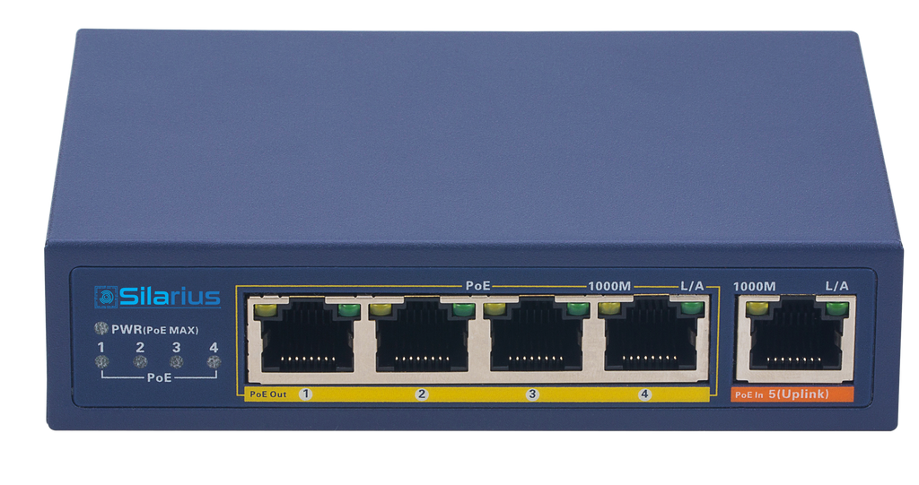 Silarius SIL-SWPP4P65 PoE Powered 5-Port Gigabit Switch with PoE Passthrough, 65W Power Budget for Powering up to 4 PoE Network Devices via Cat5e/Cat6 RJ45 Network Cables - 30W per output port