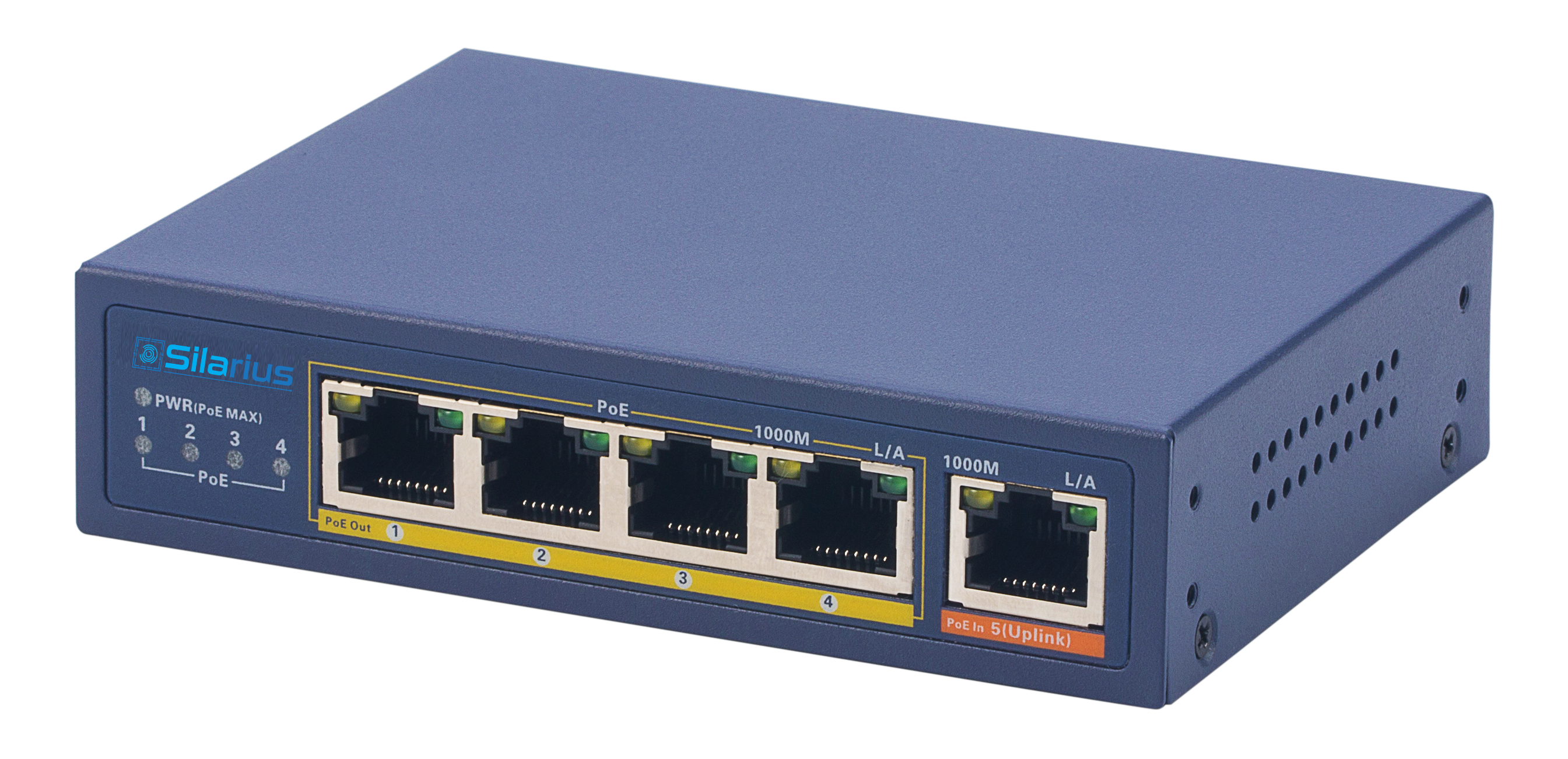 Silarius SIL-SWPP4P65 PoE Powered 5-Port Gigabit Switch with PoE Passthrough, 65W Power Budget for Powering up to 4 PoE Network Devices via Cat5e/Cat6 RJ45 Network Cables - 30W per output port