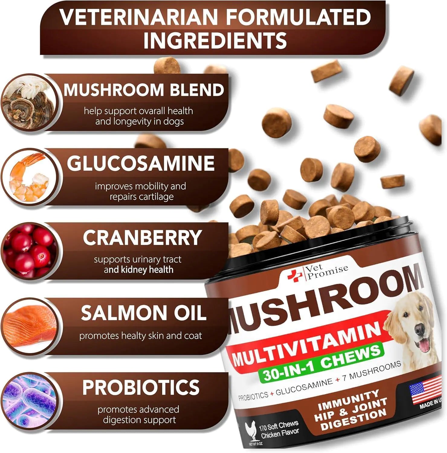 Mushroom for Dogs 170 Chews Turkey Tail Mushroom for Dogs Lions Mane Reishi