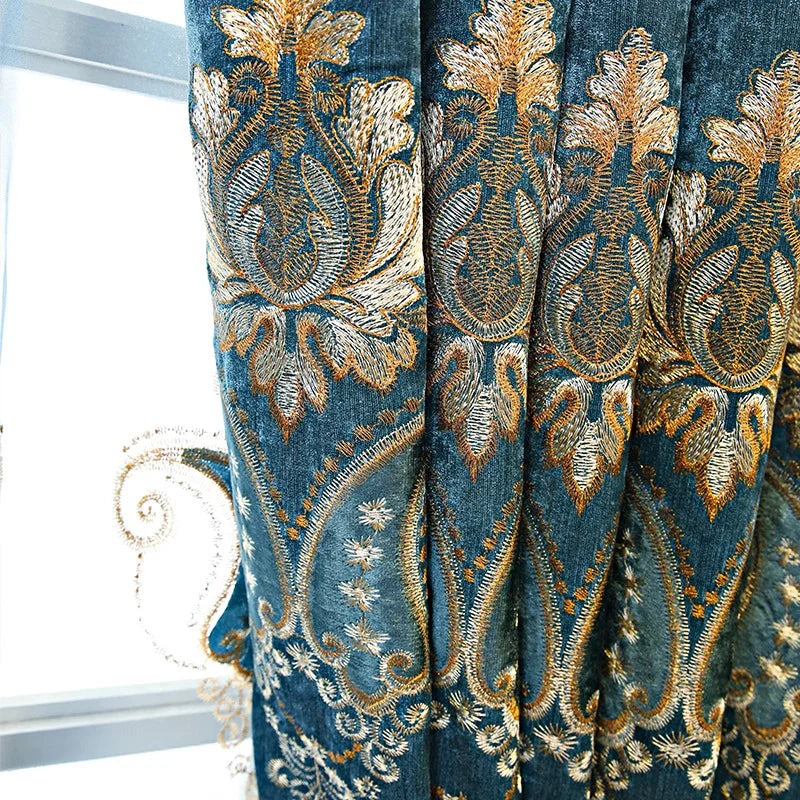 Blue Thickened Embroidery Chenille Shading Curtains for Living Room Bedroom Partition Curtain