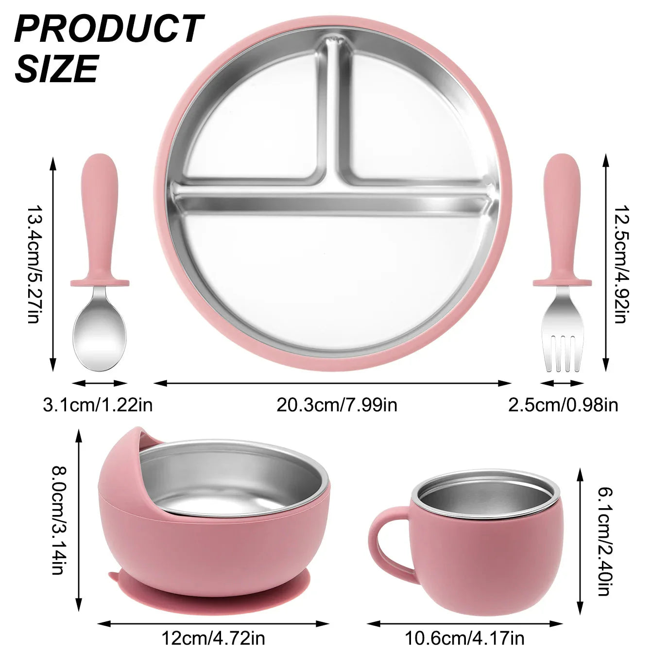 5PCS Baby Feeding Set Stainless Steel Plates with Silicone Sucker