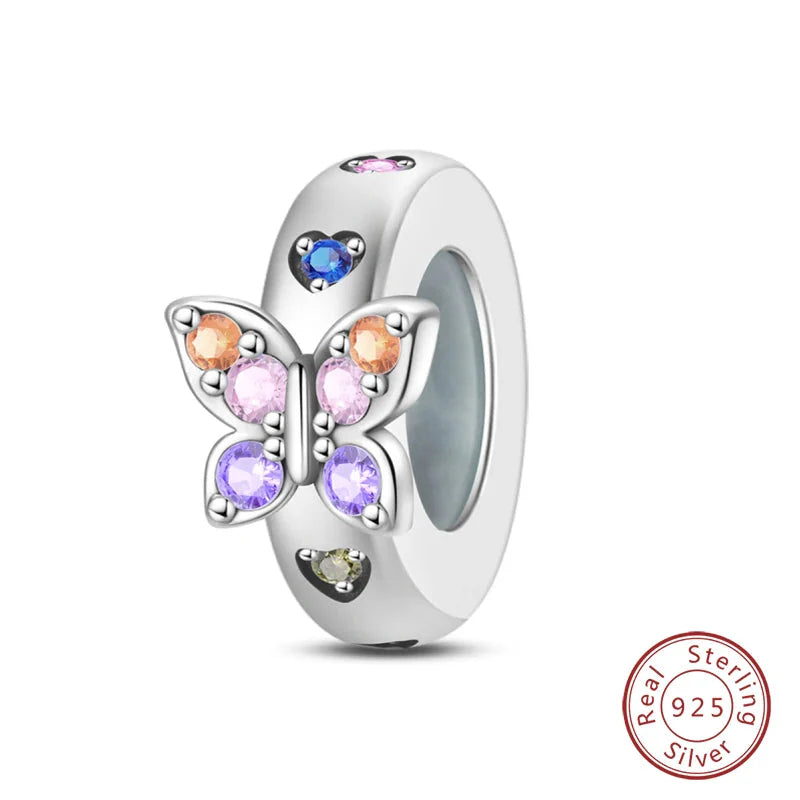 100% 925 Sterling Silver Rainbow Zircon Butterfly Dragon Silicone Stopper Charms - Colorful Beads for DIY Bracelets, Customizable Jewelry for All Occasions