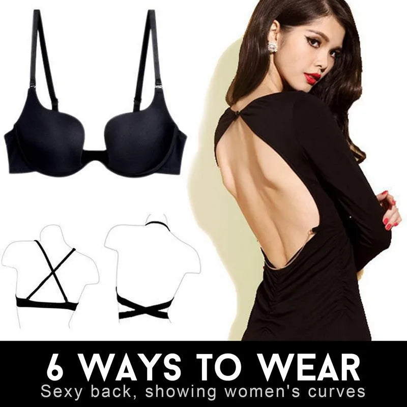 Women Push Up Bra Backless Low Cut Sexy Plunge Brassiere Open Back U-Shape Seamless