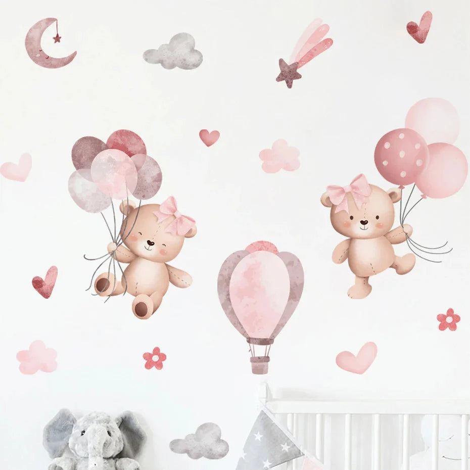 Pink Cartoon Bear Wall Stickers for Kids & Nursery Room Decor