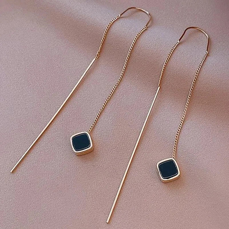 Geometric Square Tassel Drop Earrings – Gold Korean Fashion Jewelry