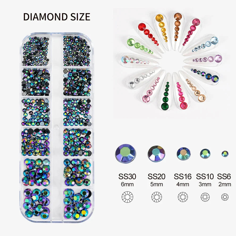 12 Grids Mixed Nail Rhinestones - SS6-SS30 Flat-Back Glass Gems for Nail Art