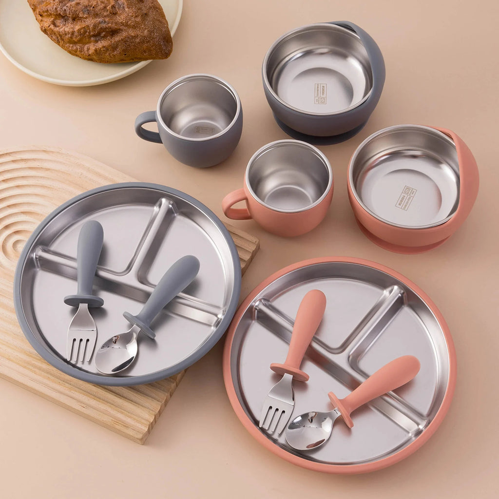 5PCS Baby Feeding Set Stainless Steel Plates with Silicone Sucker