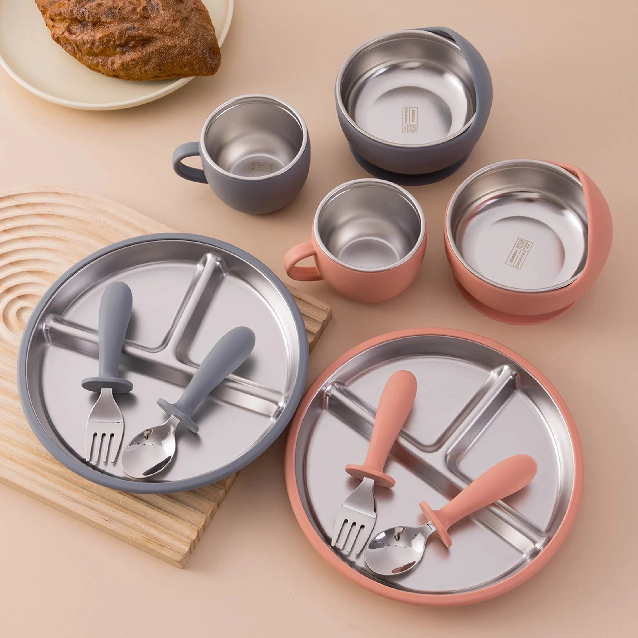 5PCS Baby Feeding Set Stainless Steel Plates with Silicone Sucker