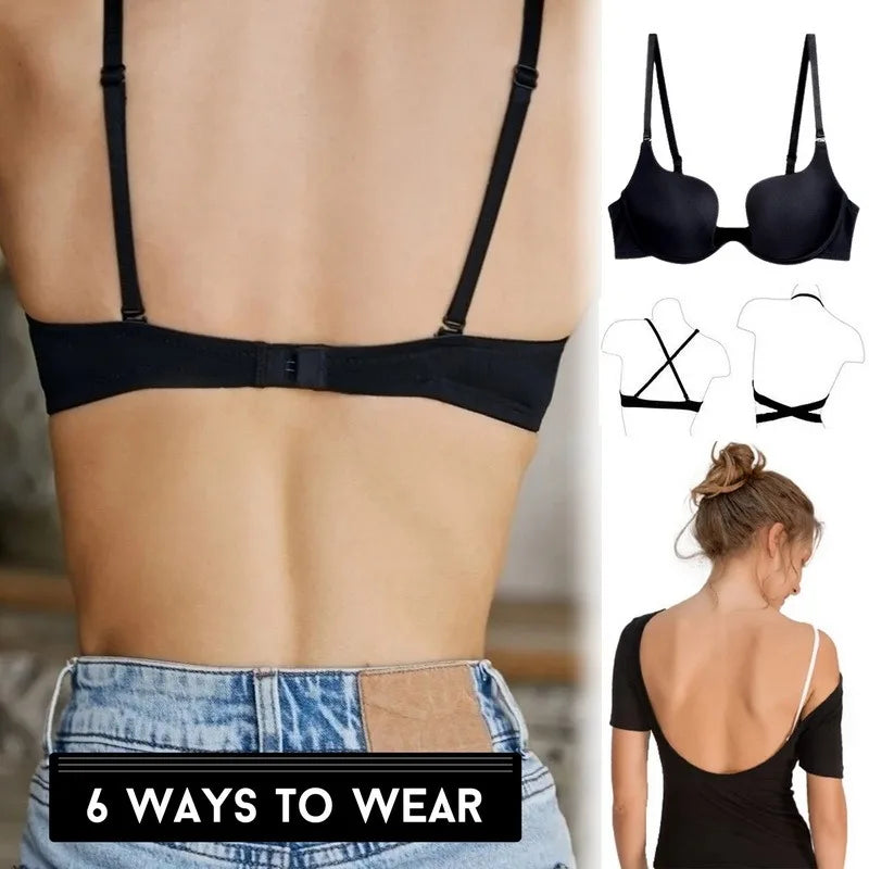 Women Push Up Bra Backless Low Cut Sexy Plunge Brassiere Open Back U-Shape Seamless