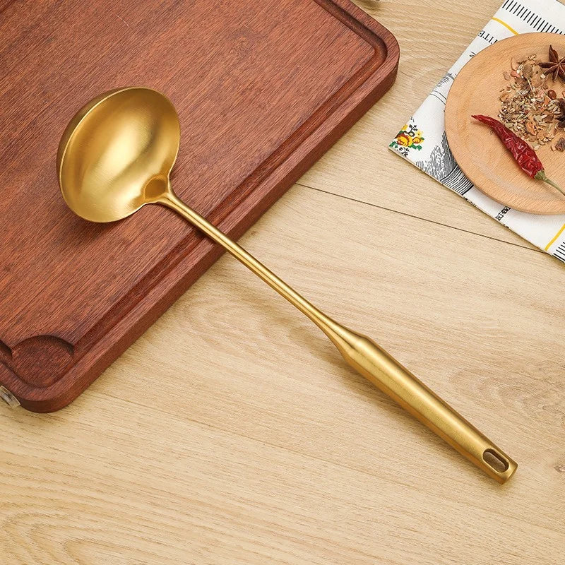 1/7Pcs Stainless Steel Kitchenware - Gold Soup Spoon Noodle Colander Hot Pot Spoon Rice Spoon Kitchen Cooking Frying Tool
