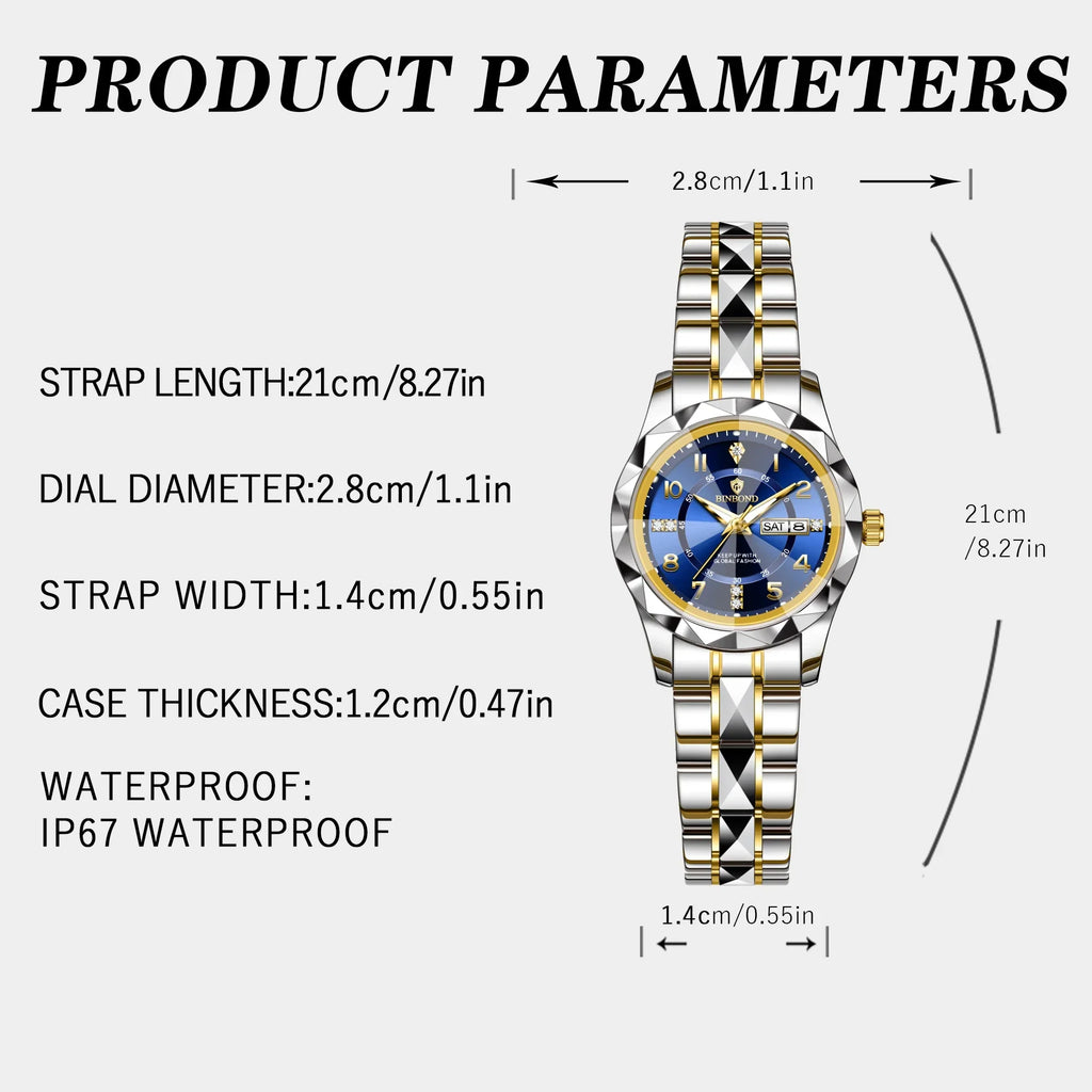 BINBOND Women Quartz Luxury Watch Waterproof with Week/ Date/ Clock