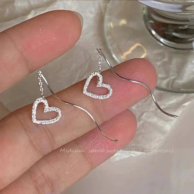 Long Tassel Heart Drop Earrings – Gold & Silver Korean Fashion Jewelry