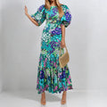 Elegant Blue Flower Print Lantern Sleeve Ankle Summer Fishtail Dress