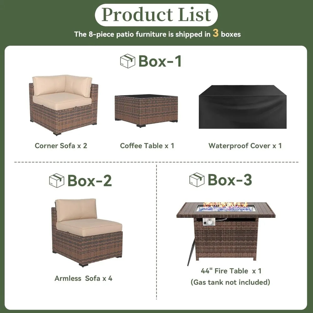8 Piece Patio Furniture Set with 44” Fire Pit Table Wicker Rattan Outdoor Sectional Sofa Set with Coffee Table and Thickened Cu