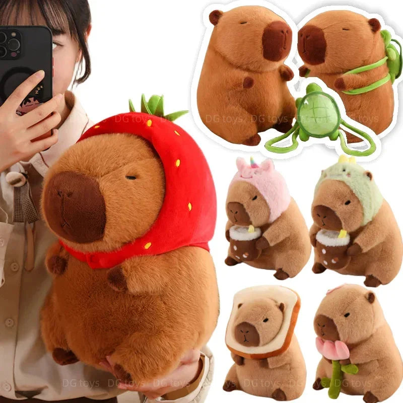 Strawberry Hat Capybara Plush – Small Turtle Backpack Pendant Toy