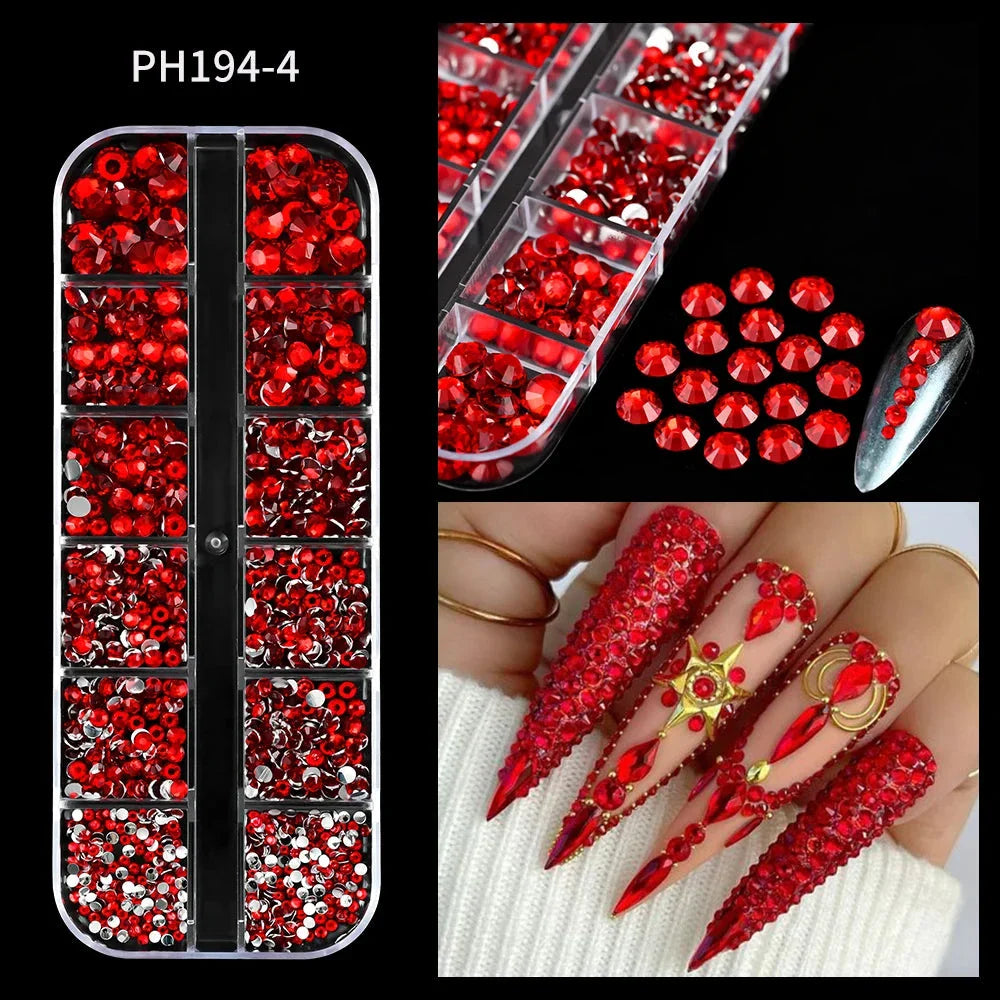 12 Grids Mixed Nail Rhinestones - SS6-SS30 Flat-Back Glass Gems for Nail Art