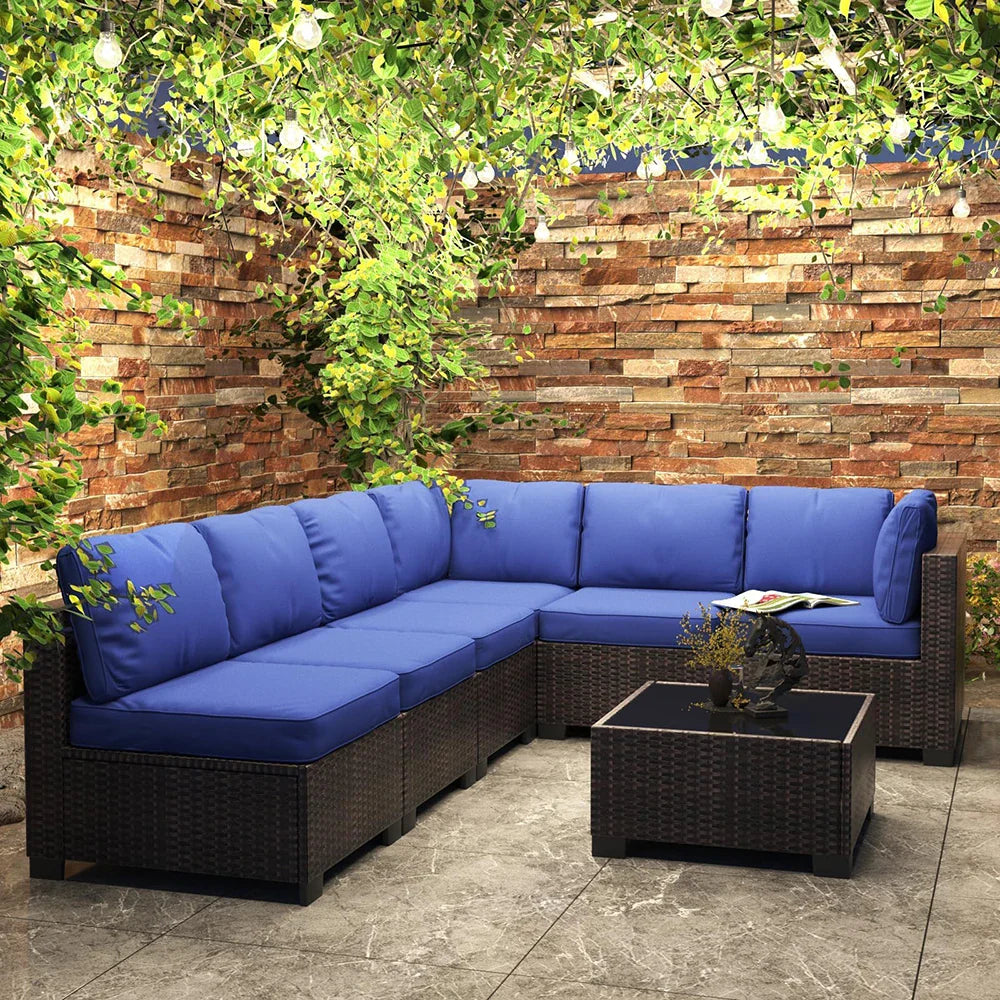 7-Piece PE Rattan Sectional Patio Set, Wicker Outdoor Sofa With Cushions & Glass Coffee Table, Conversation Furniture For Garden