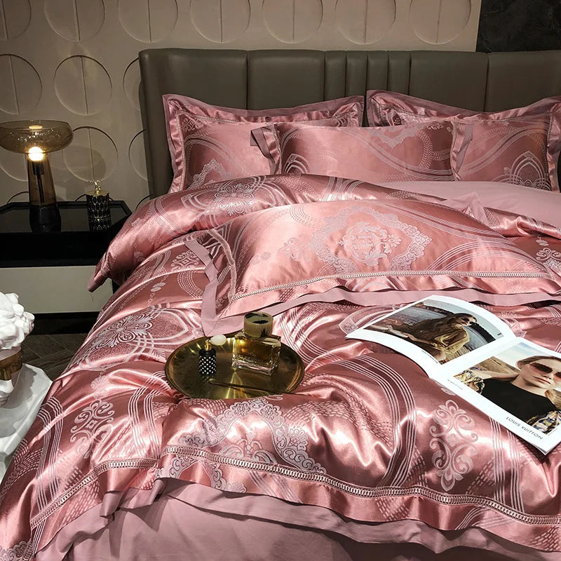 Soft Satin Jacquard Cotton Bedding Set, Luxury Duvet Cover, Blue, Gold, Gray, Queen, King Bed Sheet, Pillowcases, Home Textiles