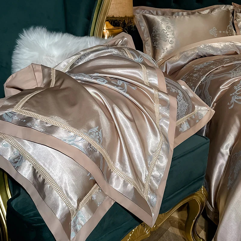 Soft Satin Jacquard Cotton Bedding Set, Luxury Duvet Cover, Blue, Gold, Gray, Queen, King Bed Sheet, Pillowcases, Home Textiles