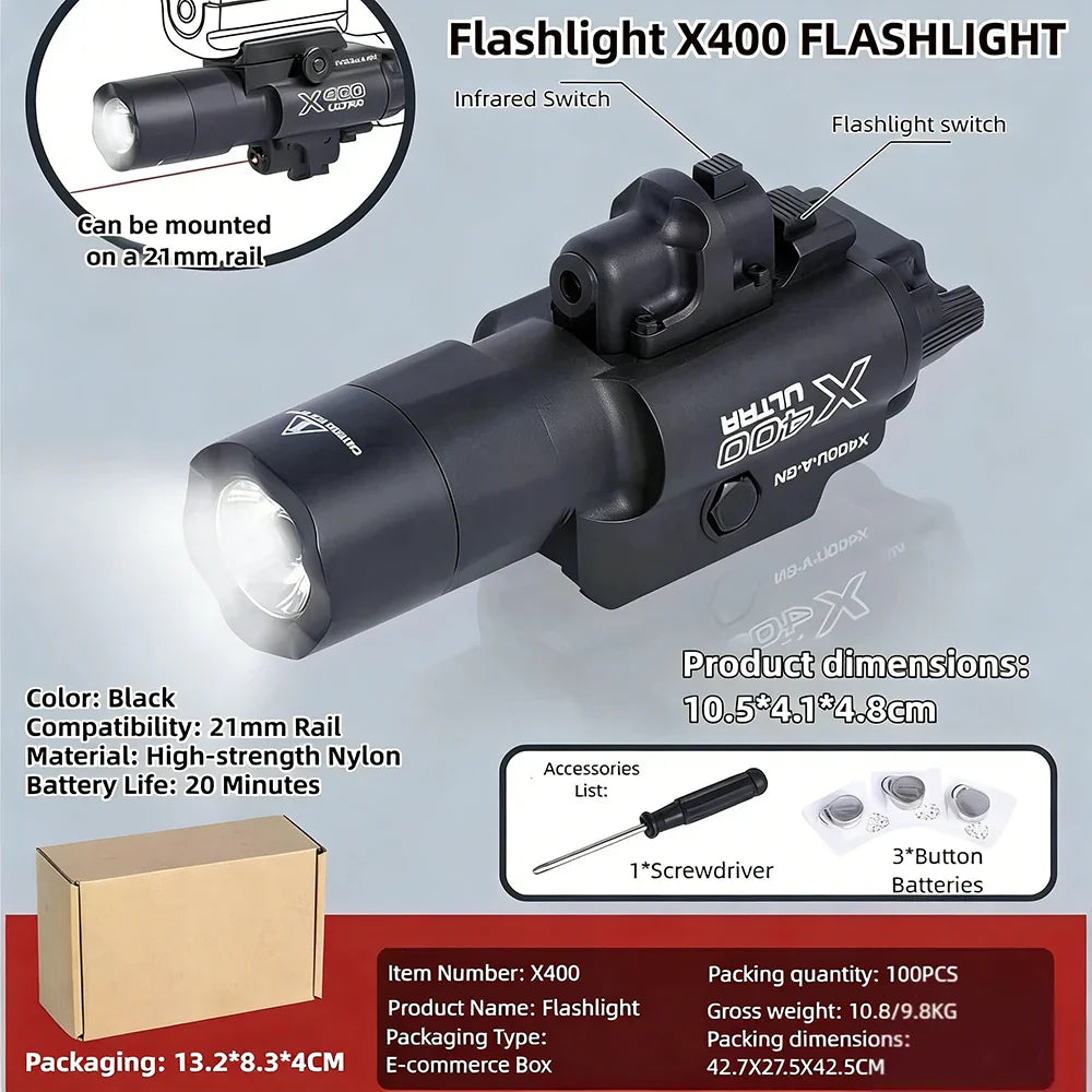 X400U Two-in-one High-intensity Flashlight  : Fits 20mm Rail, Toy Airsoft Guns, Hunting, CS Matches & Wargames emit a red glow
