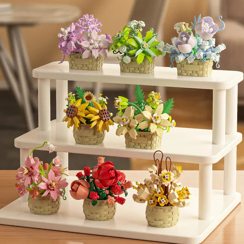 DIY MOC Potted Rose Sunflower Plants Succulents Bonsai Tree Gardens Romantic Building Blocks Model Bricks Kids Sets Kits Toys