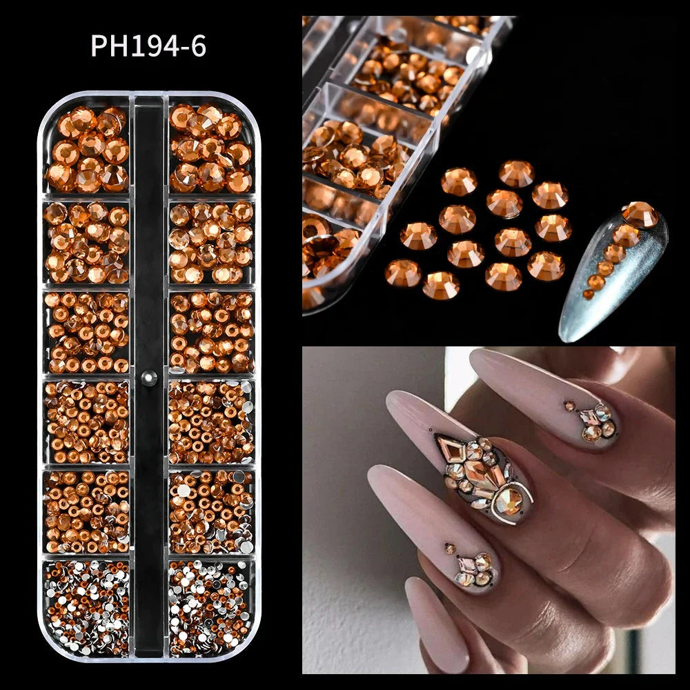 12 Grids Mixed Nail Rhinestones - SS6-SS30 Flat-Back Glass Gems for Nail Art