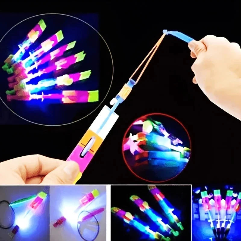 10pcs LED Light Rockets – Flying Toys with Slingshot Launchers