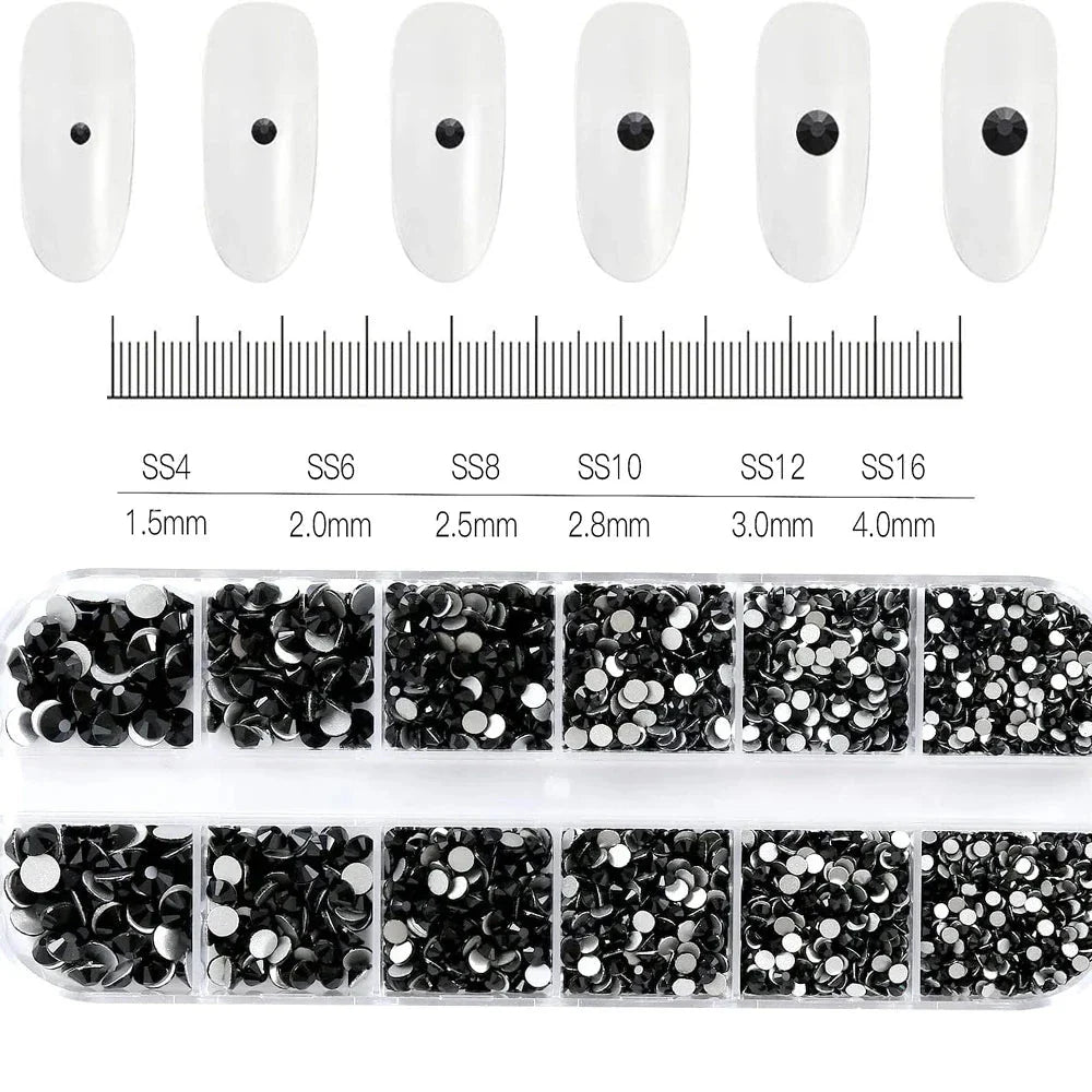 12 Grids Mixed Nail Rhinestones - SS6-SS30 Flat-Back Glass Gems for Nail Art