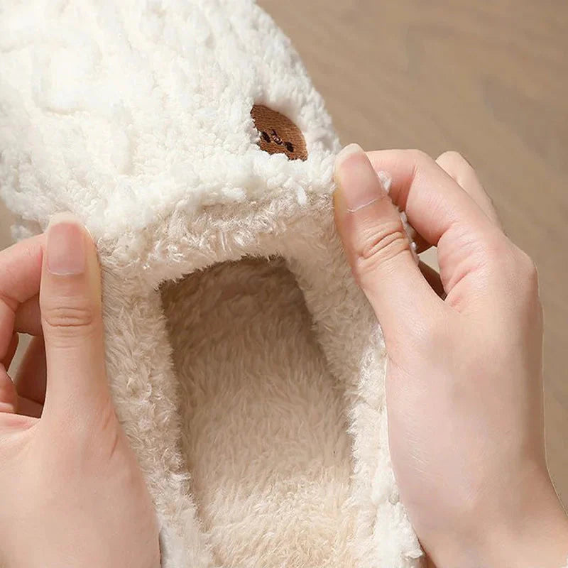 Winter Fluffy Shoes Women Cotton Slippers Cartoon Bear Thick Sole Warm Slides Men Female Couple House Indoor Plush Flat Shoes