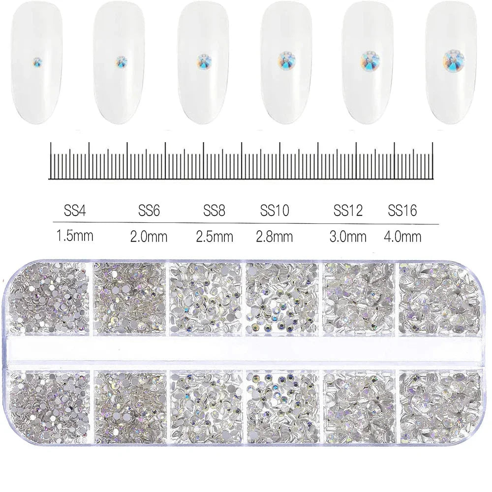 12 Grids Mixed Nail Rhinestones - SS6-SS30 Flat-Back Glass Gems for Nail Art