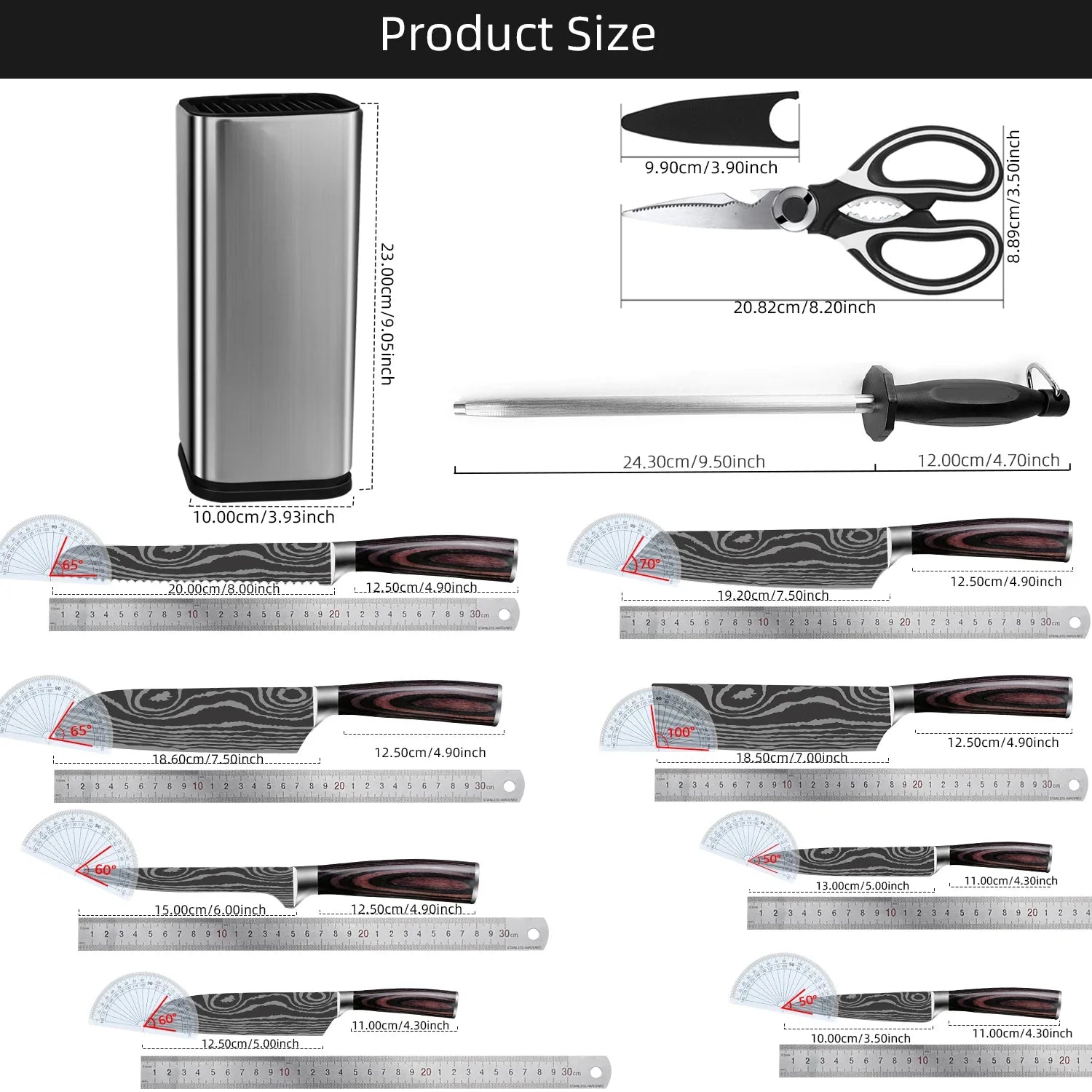 Damascus Laser Steel Kitchen Chef Knives with Shear Cutter and Wooden Handle