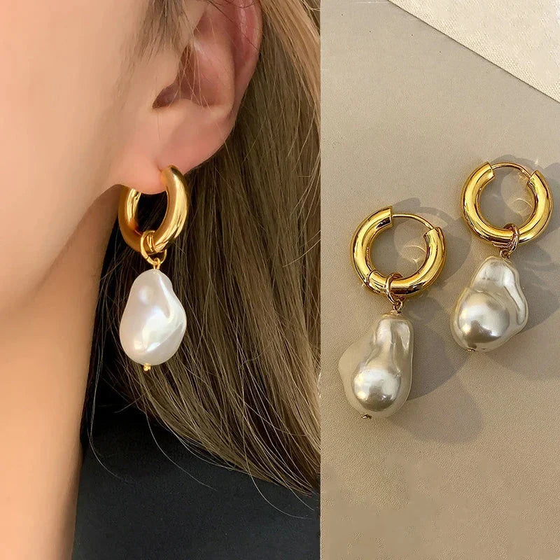 Vintage Circle Drop Earrings – Baroque Pearl Gold Earclips for Women