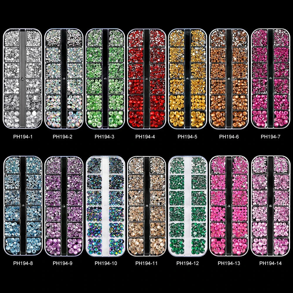 12 Grids Mixed Nail Rhinestones - SS6-SS30 Flat-Back Glass Gems for Nail Art