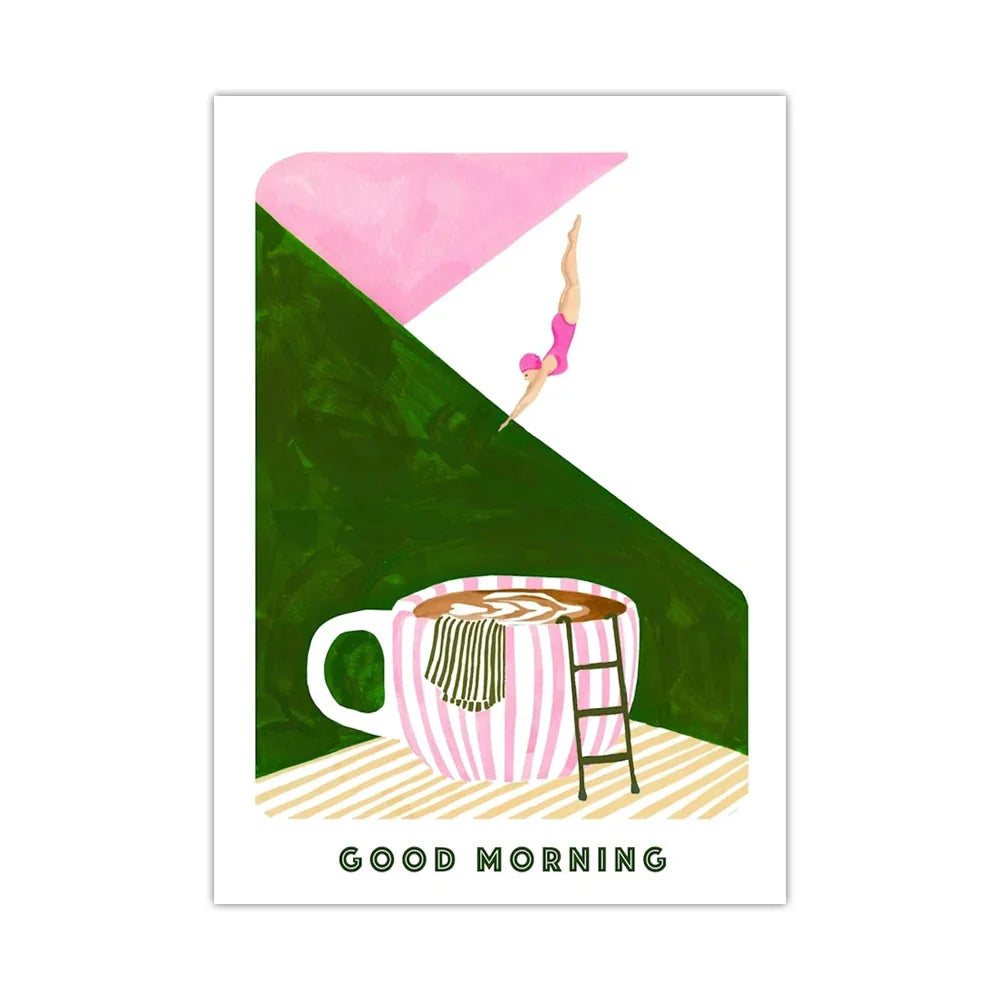 Retro Coffee Diving Poster Canvas Wall Art | Good Morning Coffee Print