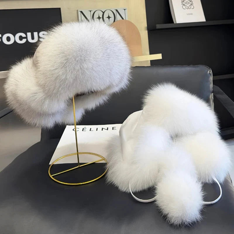 2025 100% Real Fox Fur Hats Women's Russian Ushanka Aviator Trapper Snow Skiing Hat Caps Earflap Winter Raccoon Fur Bomber Hat