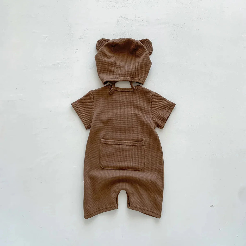 New In Summer Kids Baby Girls Boys Short Sleeve Waffle Patch Bear Infant Newborn Jumpsuits Cotton Romper Gift Hat with Ear