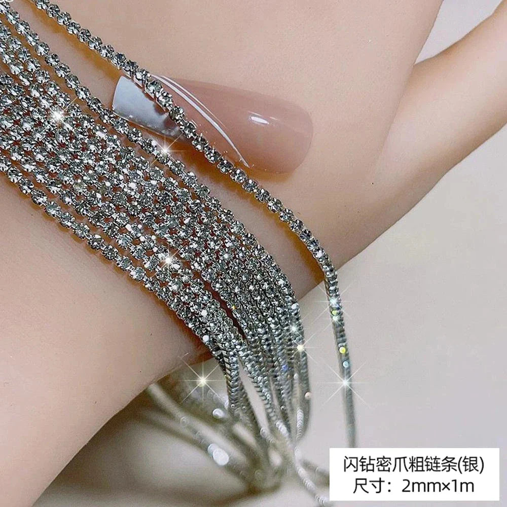 100/50cm Luxury Crystal Chain Nail Charms - 1.5/2mm Clear & AB Diamond Nail Art Decoration
