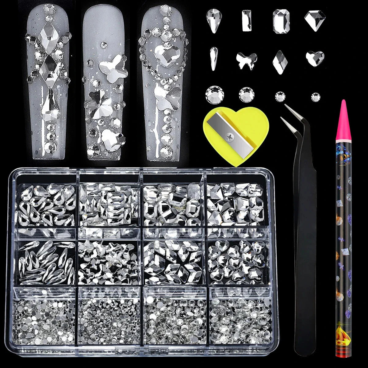 12 Grid Diamond Jewelry Set for Nail Art - Luxe Rhinestone Decorations