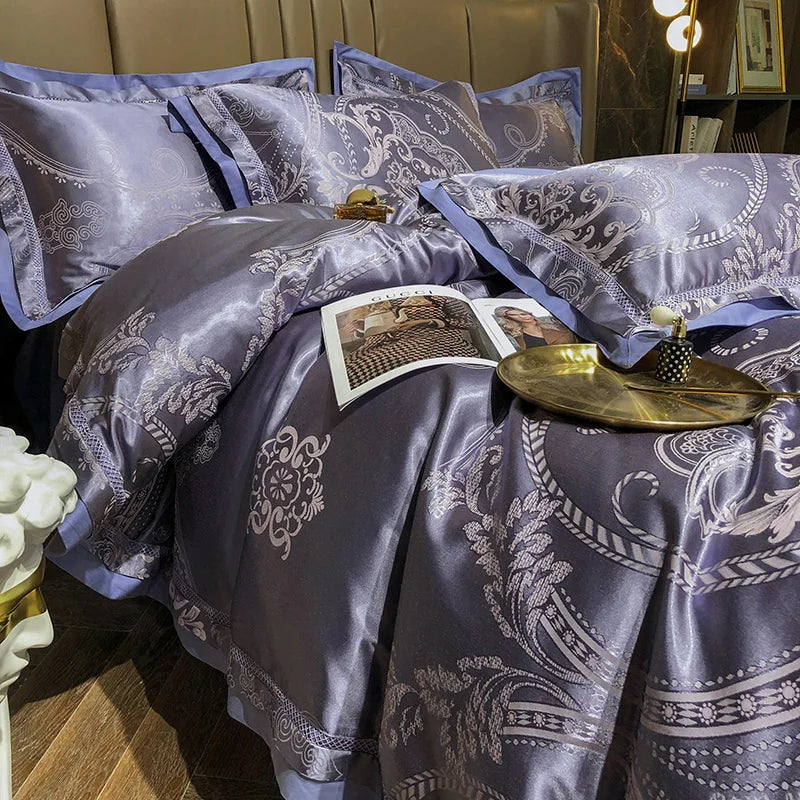 Soft Satin Jacquard Cotton Bedding Set, Luxury Duvet Cover, Blue, Gold, Gray, Queen, King Bed Sheet, Pillowcases, Home Textiles