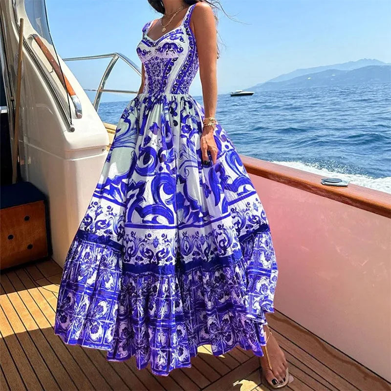 Elegant Summer Bohemian Sling Print Sleeveless A-line Long Dress