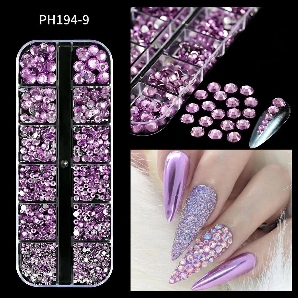 12 Grids Mixed Nail Rhinestones - SS6-SS30 Flat-Back Glass Gems for Nail Art